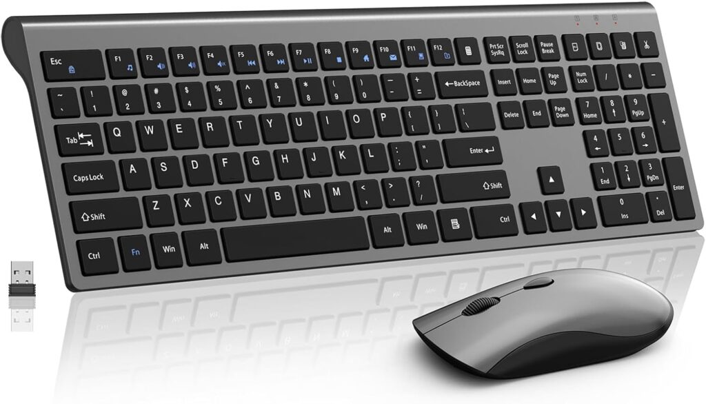 Wireless Mouse and Keyboard Combo, Silent Full-Size Computer Keyboard with Calculator Button, 2400 DPI Mouse, Quiet Click, Slim Cordless USB Set for Laptop PC Windows Mac – Space Grey