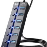 USB 3.0 Hub, PANPEO 7-Port USB Data Hub Splitter with 3ft Long Cable USB Extension for Laptop,PC Computer,Surface Pro, PS4/5, Flash Drive, Mobile HDD – with LED Individual On/Off