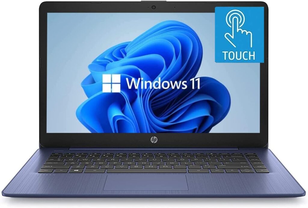 HP 14″ HD Touchscreen Laptop, Windows 11, Intel Celeron Dual-Core Processor Up to 2.60GHz, 4GB RAM, 64GB SSD, Webcam, Dale Blue (Renewed)