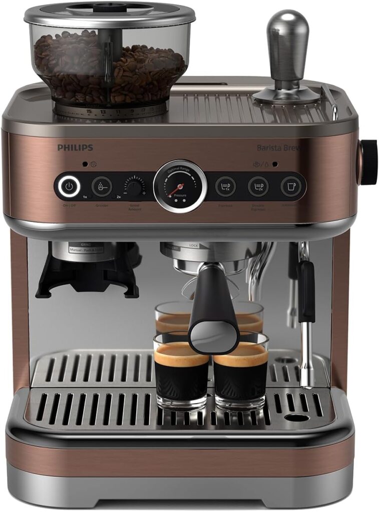 PHILIPS Barista Brew Semi Automatic Espresso Machine – Single & Double Espresso + Americano Button, 280g Dual Bean Container, Intuitive Guidance, Calibrated Tamping, Metal Cappuccino (PSA3228/41)
