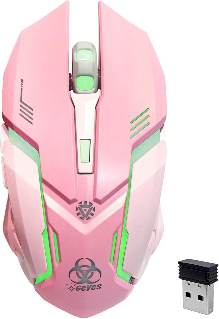 VEGCOO Pink Wireless Gaming Mouse, Silent Click Wireless Mouse with Colorful RGB LED Lights, Rechargeable Computer Mice with Side Buttons and 3 Level DPI, for Laptop and Desktop
