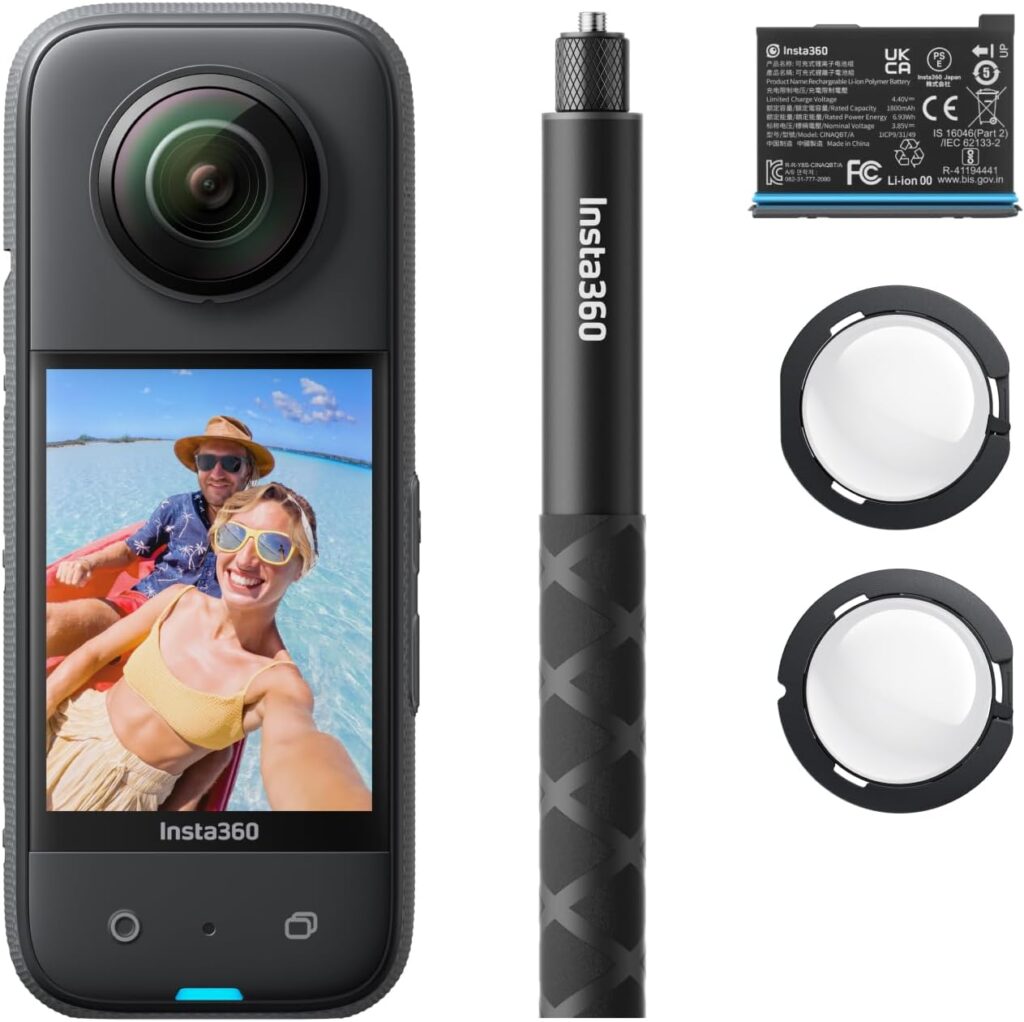 Insta360 X3 Starter Bundle – Waterproof 360 Action Camera with 1/2″ 48MP Sensors, 5.7K 360 Active HDR Video, 72MP 360 Photo, 4K Single-Lens, 60fps Me Mode, Stabilization, 2.29″ Touchscreen, AI Editing