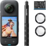 Insta360 X3 Starter Bundle – Waterproof 360 Action Camera with 1/2″ 48MP Sensors, 5.7K 360 Active HDR Video, 72MP 360 Photo, 4K Single-Lens, 60fps Me Mode, Stabilization, 2.29″ Touchscreen, AI Editing