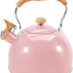 GGC Tea Kettle for Stove Top, 85OZ/2.6QT Whistling Tea Kettles for Boiling Water Milik or Coffee, Pink Stainless Steel Tea Pots with Wood Pattern Folding Handle, Thumb Design Control Kettle Outlet