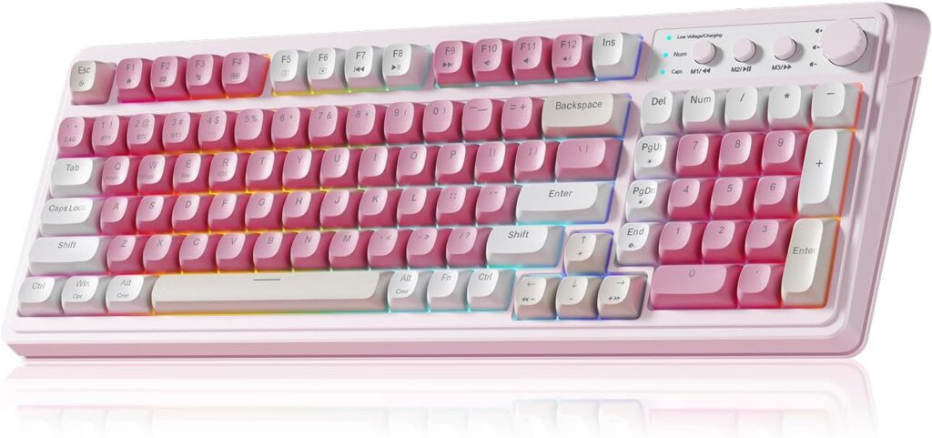 AULA 99 Key Keyboard, Wireless Gaming Keyboard Bluetooth Computer Keyboards Creamy Cute with Number Pad RGB Backlit Tri-Mode BT/2.4GHz/USB-C – Pink