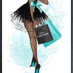 Light Blue Fashion Designer Wall Art – Black Woman, African American Women, Teens, Girls Bedroom – High Fashion Design Wall Decor – Glam Gifts for Latina, African American Woman – Black Culture
