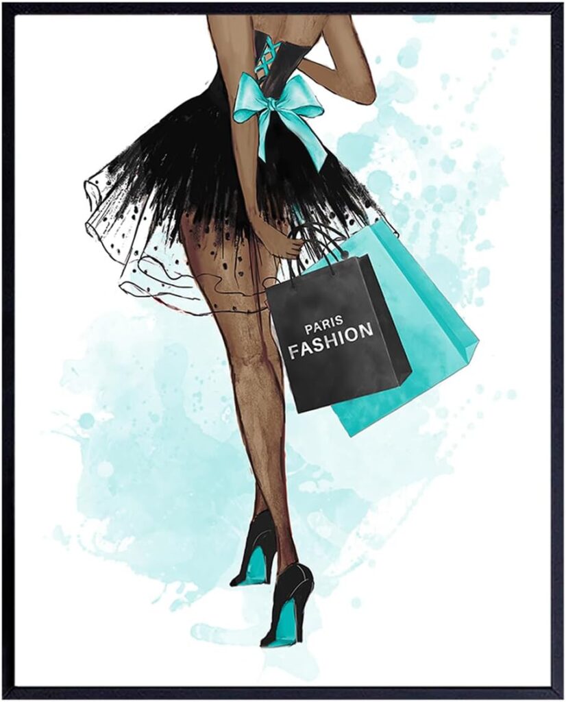 Light Blue Fashion Designer Wall Art – Black Woman, African American Women, Teens, Girls Bedroom – High Fashion Design Wall Decor – Glam Gifts for Latina, African American Woman – Black Culture