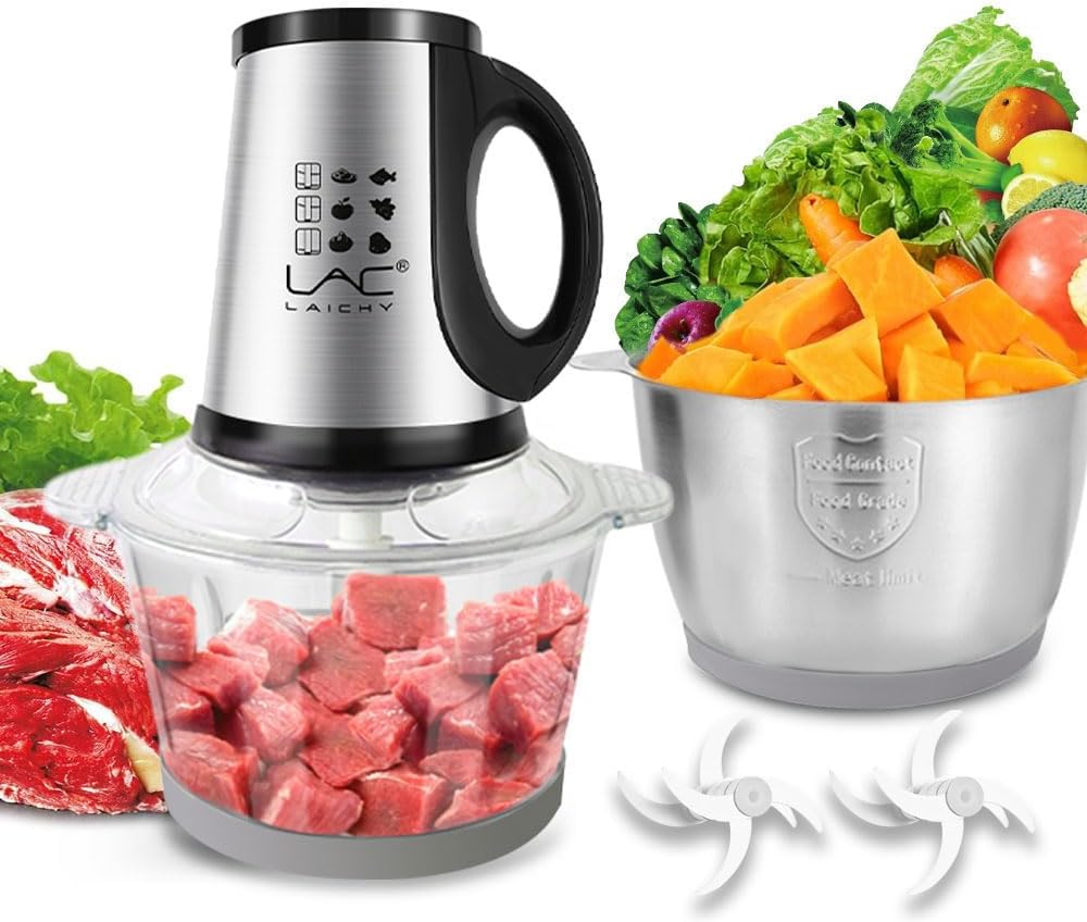 Food Processor,Small Meat Grinder,300W Powerful Pure Chopper Motor Food Choper,Electric Vegetable Choper with 2 Bowls(8 Cup+8 Cup) and 2 Blades for Onion,Baby Food,Meat,Fruit