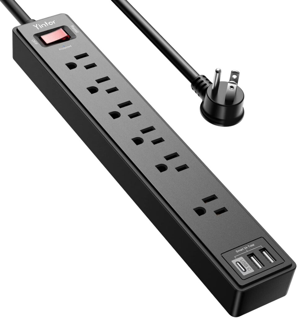 6Ft Power Strip Surge Protector – Yintar Extension Cord with 6 AC Outlets and 3 USB Ports for for Home, Office, Dorm Essentials, 1680 Joules, ETL Listed, (Black)