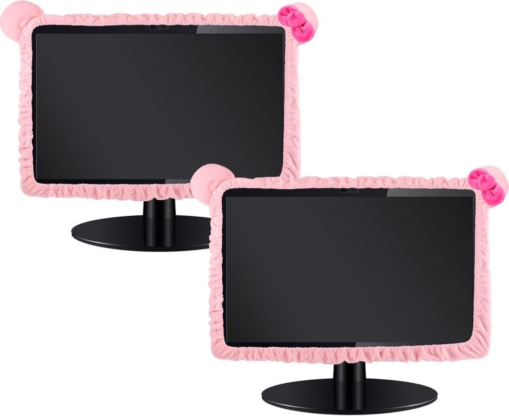 Hoteam 2 Pcs 17”-24” Kawaii Computer Monitor Cover with Cat Ear Furry Cute Pink Monitor Dust Cover Protector Lovely Computer Desk Accessories Laptop TV LCD Screen Decoration for Tablet