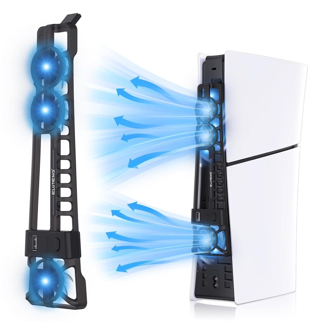 ELUTENG Cooling Fan for PS5 Slim Console Quiet Cooler Fan for PS5 Slim Disc and Digital Editions with 3 Adjustable Speeds Auto on Off Cooling Accessories for PS5 Slim with LED Light and USB 2.0 Port