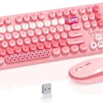 Wireless Keyboard Mouse,104 Full Size Cute Colorful Keyboard and Mouse with Retro Typewriter for PC/Mac/Laptop/Tablet/Computer/Windows/Microsoft, Pink