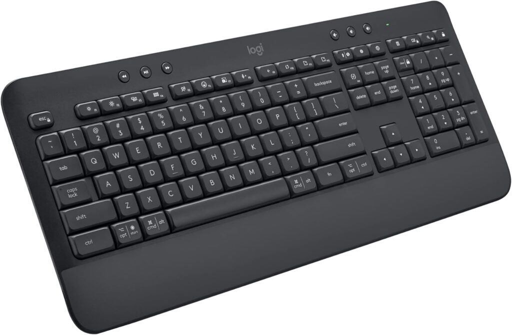Logitech Signature K650 Comfort Full-Size Wireless Keyboard with Wrist Rest, BLE Bluetooth or Logi Bolt USB Receiver, Deep-Cushioned Keys, Numpad, Compatible with Most OS/PC/Window/Mac – Graphite