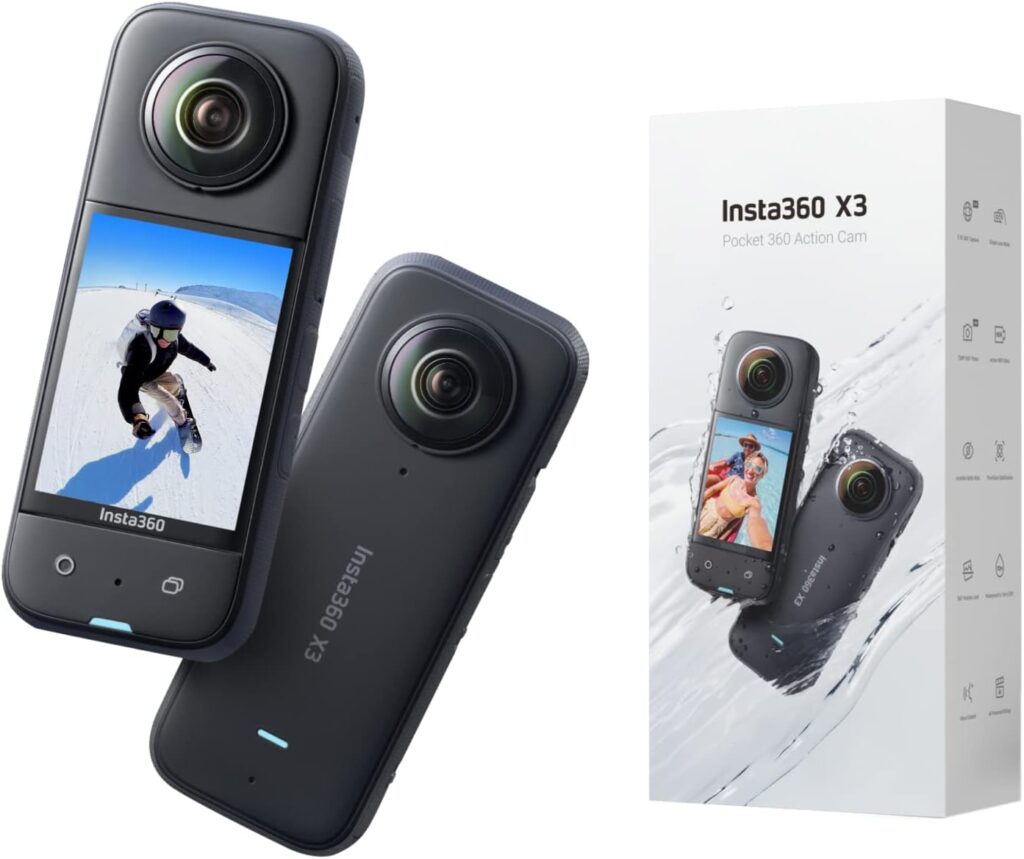 Insta360 X3 Waterproof 360 Action Camera, 1/2″ 48MP Sensor, 5.7K 360 Active HDR Video 72MP 360 Photo, 4K Single-Lens, 60fps Me Mode, Stabilization, 2.29″ Touchscreen, AI Editing, Live Stream (Renewed)