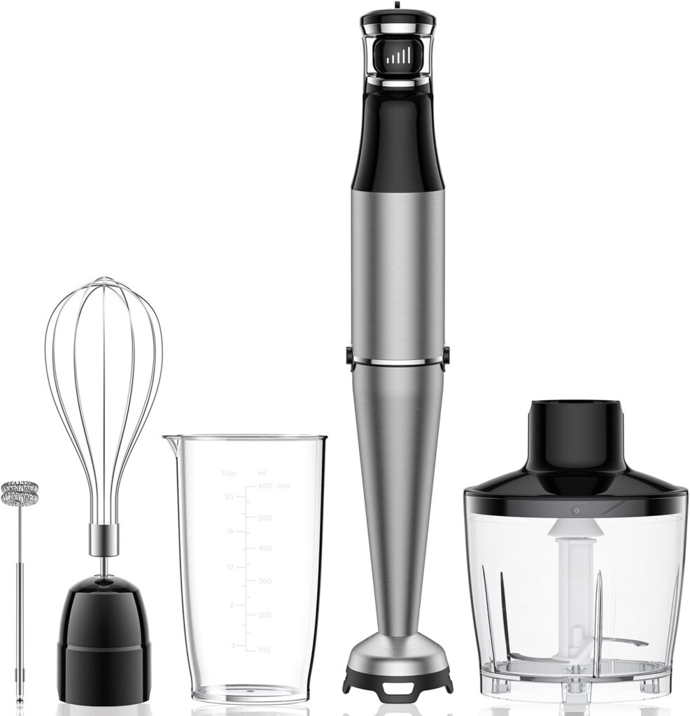 Immersion Blender Handheld 1100W 5 in 1 Corded Stick Hand Blenders for Kitchen with Trigger Speed Control, with Beaker, Chopper, Whisk, Frother, Perfect Emulsifier for Soup, Smoothie, Puree