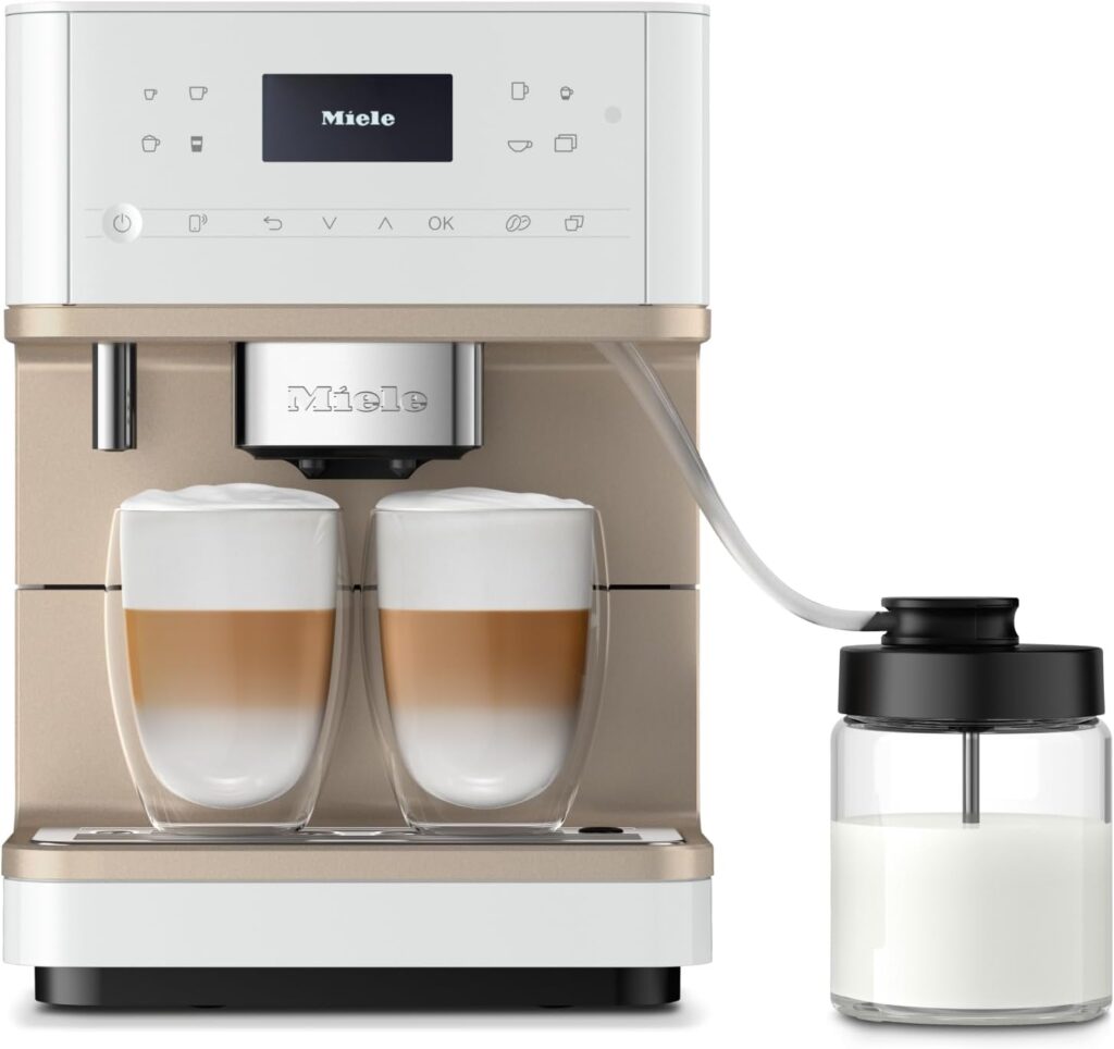 Miele CM 6360 MilkPerfection Automatic Coffee Machine – OneTouch for Two, AromaticSystem, 8 individual profiles, DoubleShot, WiFi-compatible, LED lighting, in Lotus White CleanSteel Metallic