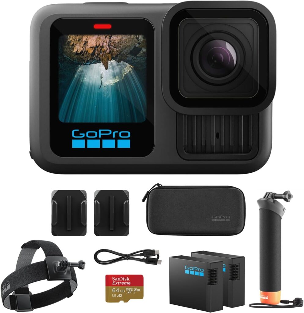 GoPro Hero13 Black 27MP Waterproof Action Camera – Special Accessory Bundle | 5.3K60 Ultra HD Video w/Handler, 2 Enduro 1900mAh Batteries, 64GB Extreme microSDXC Memory Card and Head Strap 2.0