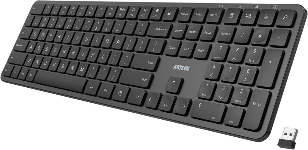 Arteck 2.4G USB Wireless Keyboard Ultra Slim Full Size Keyboard with Numeric Keypad and Media Hotkey for Computer/Desktop/PC/Laptop/Surface/Smart TV and Windows 11/10