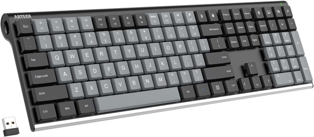 Arteck Mechanical 2.4G USB Wireless Performance Keyboard, Tacktile Quiet Brown Switches, Stainless Steel Low Profile for PC/Desktop/Laptop/TV and Windows 11/10 Built in Rechargeable Battery Black