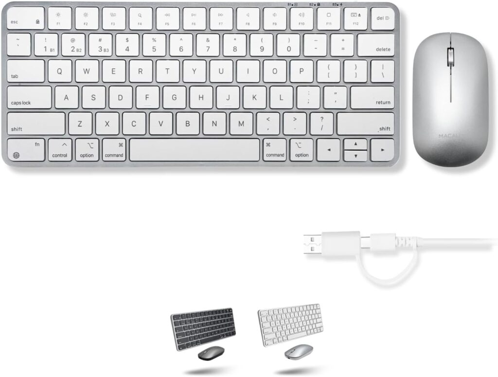 Macally Apple Wireless Keyboard and Mouse for Mac – Dual Mode (Bluetooth + Wired) – Multi-Device, Rechargeable – Mini Wireless Keyboard and Mouse Combo for MacBook, iPad, Mac mini/Air/Pro (Silver)