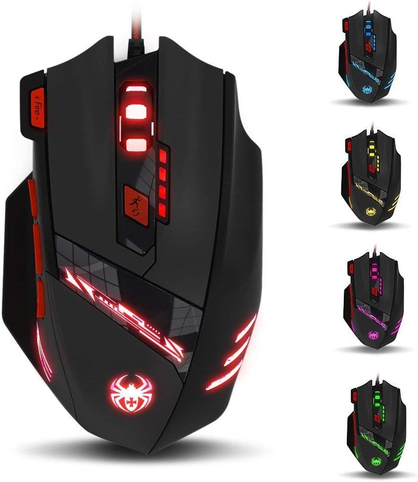 zelotes T90 Gaming Mouse 9200 DPI, 8 Programmable Buttons Multi-Modes LED Lights USB Gaming Mice, Weight Tuning for Laptop, Desktop, PC,- Black