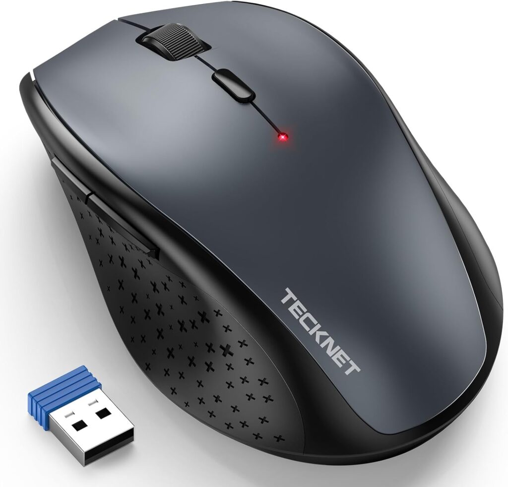 TECKNET Wireless Mouse, 2.4G USB Computer Mouse with 6-Level Adjustable 4800 DPI, Silent Quiet Click,30 Months Battery, Ergonomic Grips, 6 Buttons Portable for PC, Chromebook, Mac – Grey