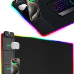 XXL Mouse Pad with Phone Holder – Black, RGB Desk Mat with 15W Fast Charging, LED Gaming Mousepad with 11 Light Colors, Waterproof Non-Slip Pad for Office & Home