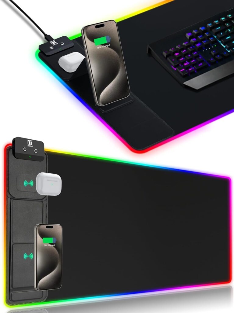 XXL Mouse Pad with Phone Holder – Black, RGB Desk Mat with 15W Fast Charging, LED Gaming Mousepad with 11 Light Colors, Waterproof Non-Slip Pad for Office & Home