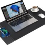 Wireless Charging Mouse Pad,Dual Fast Charger, Reversible Felt & PU Leather Desk Mat, for Office & Gaming, Large Surface, iPhone & Android Compatible – Black