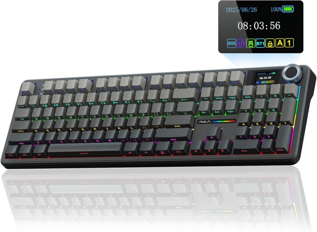 AULA F108 PRO – Wireless Mechanical Keyboard with Screen & Knob,Full Size Keyboard with 8000mAh Battery,Pre-lubed Switches,Side Printed PBT Keycaps,RGB Backlit Hot Swappable Custom Gaming Keyboards