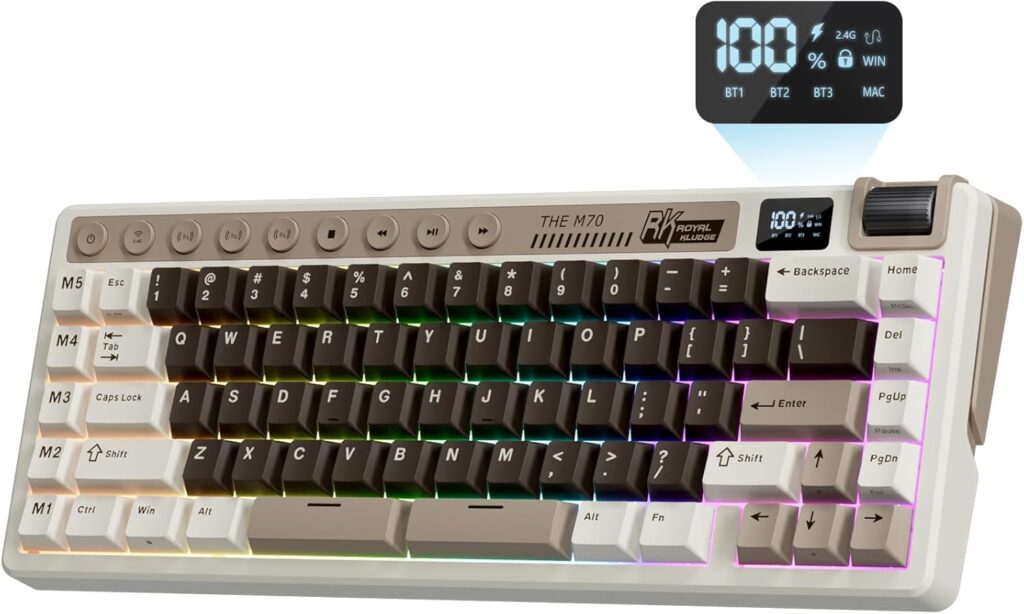 RK ROYAL KLUDGE M70 Wireless Mechanical Keyboard with Macro Keys 2.4GHz/Bluetooth/Wired 75% Gaming Keyboard with 6000mAh Battery Gasket-Mount Display & Knob RGB Hot-Swappable Linear Cream Switch