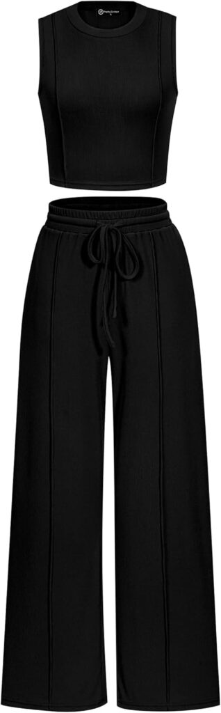 PRETTYGARDEN Women’s Summer 2 Piece Loungewear Set Cropped Tank Top Wide Leg Sweatpants Tracksuit Casual Outfits