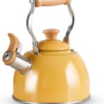 ROCKURWOK Tea Kettle, Tea Pot with Cool Touch Ergonomic Handle, Teapot Food Grade Stainless Steel, Tea Kettle Stovetop, Kettle Teapot, Whistling Tea Kettle, Small Tea Kettles, 1.6 Quart (Yellow)