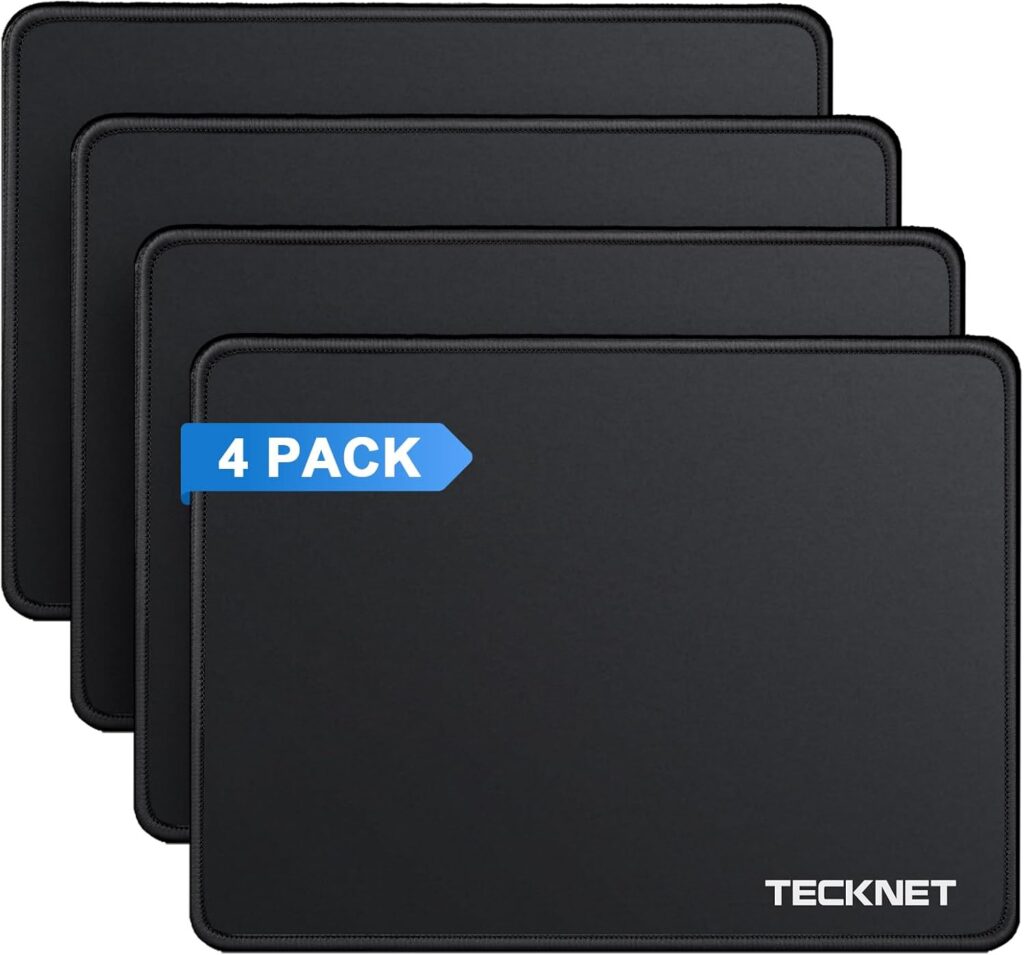 TECKNET 4 Pack Mouse Pad with Anti-fray Stitching, Waterproof Surface & Non-Slip Rubber Base with Stitched Edges Gaming Mouse Mat for Laptop, Compatible with Laser and Optical Mice – Black