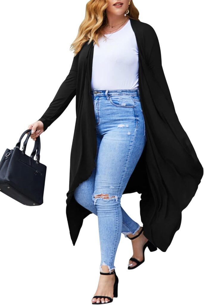 IN’VOLAND Women’s Plus Size Cardigan Long Sleeve Open Front Drape Cardigans Lightweight Long Duster(L-5XL)
