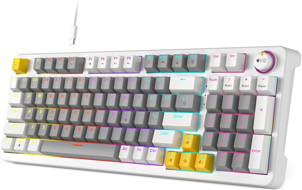 AK96 Smart Mechanical Keyboard Gaming, 96 Keys Full Size with LED Colorful Backlit, Clicky Creamy Sounding, USB Wired Computer Keyboard with Volume Knob for PC, Mac, Windows(Grey)