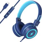 Kids Headphones with LED Lights for School, Upgrade USB Type C Kid Headphone with Microphone, Volume Limiter 85/94dB, Wired On Ear Headphones for Boys/Girls/Tablet/Travel -Blue