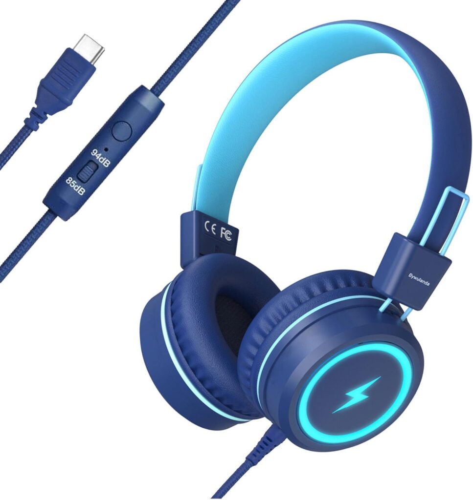 Kids Headphones with LED Lights for School, Upgrade USB Type C Kid Headphone with Microphone, Volume Limiter 85/94dB, Wired On Ear Headphones for Boys/Girls/Tablet/Travel -Blue