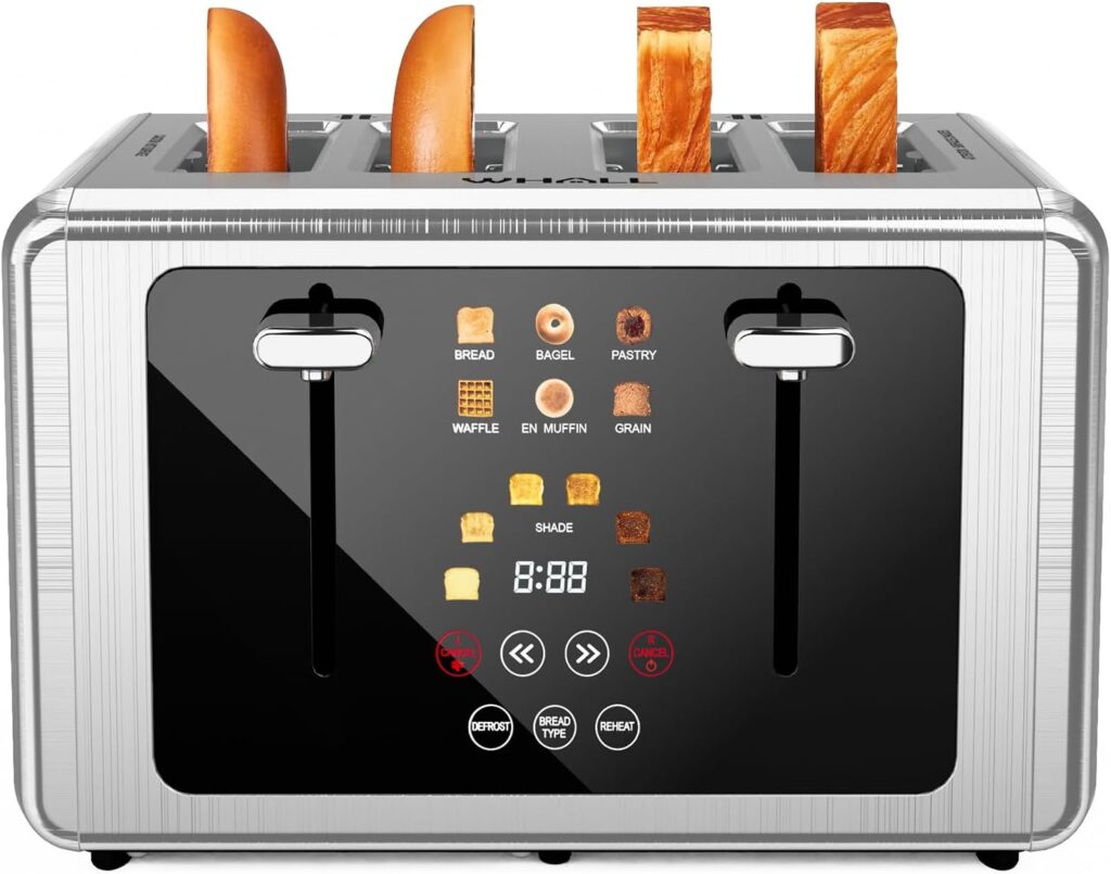 whall 4 Slice Touch Screen Toaster, Stainless Steel Toasters Digital Timer, Dual Control Panel Toasters,6 Shade Settings&6 Bread Types, Smart Wide Slots, Bagel, Cancel, Defrost,Silver