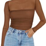 Zeagoo Womens Mesh Sheer Long Sleeve Top Mock Turtle Neck See Though Shirts Ruched Sexy Casual Going Out Blouses