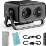 BKZ 2025 upgraded 360°Adjustable Dual Stand AI Auto Keystone Electric Focus Mini Portable Projector with Bluetooth 5.4, 1080P support Outdoor movie Projector compatible with HDMI/USB/Phone (Black)