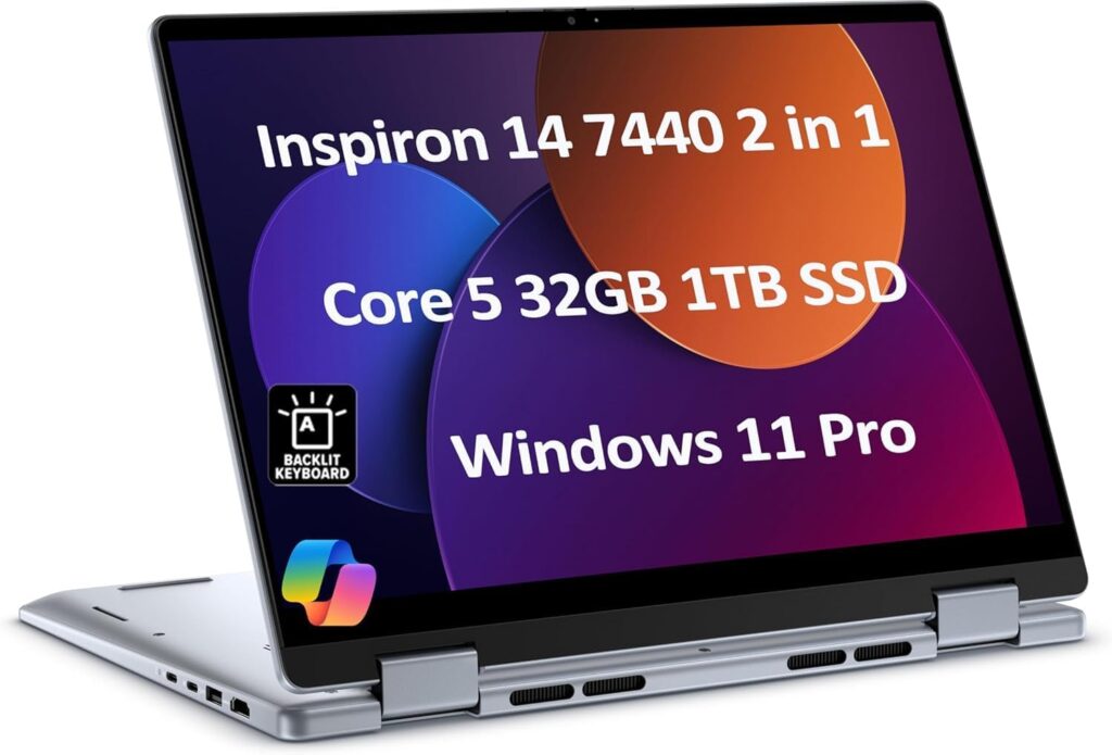Dell Inspiron 14 7440 2-in-1 Laptop (14″ FHD+ Touchscreen, Intel Core 5 120U (> i7-1355U), 32GB DDR5, 1TB SSD), for Creator, Designer, 10-Hr Long Battery Life, Backlit, Win 11 Pro w/ AI Copilot