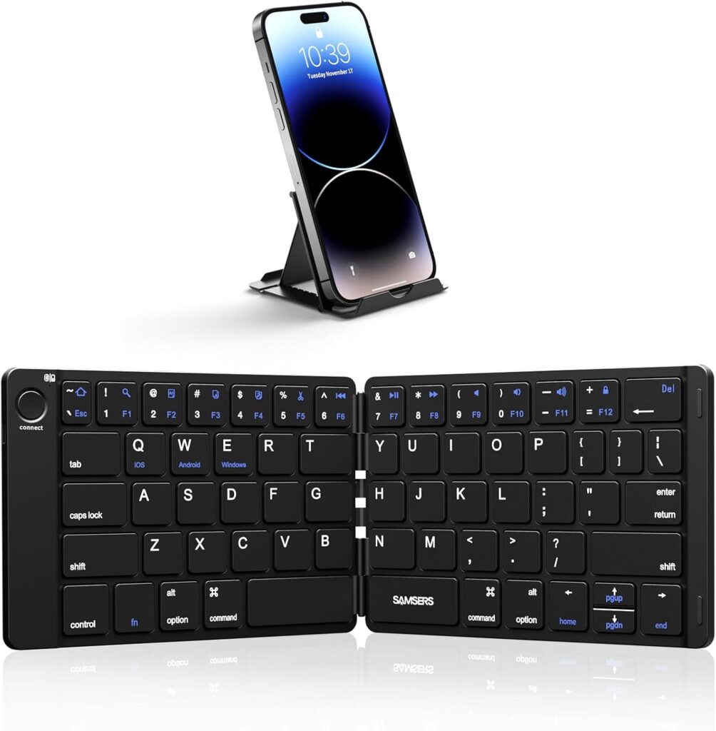 Samsers Foldable Bluetooth Keyboard – Portable Wireless Keyboard with Stand Holder, Rechargeable Full Size Ultra Slim Folding, Compatible iOS Android Windows Smartphone Tablet and Laptop – Black