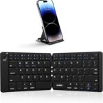 Samsers Foldable Bluetooth Keyboard – Portable Wireless Keyboard with Stand Holder, Rechargeable Full Size Ultra Slim Folding, Compatible iOS Android Windows Smartphone Tablet and Laptop – Black