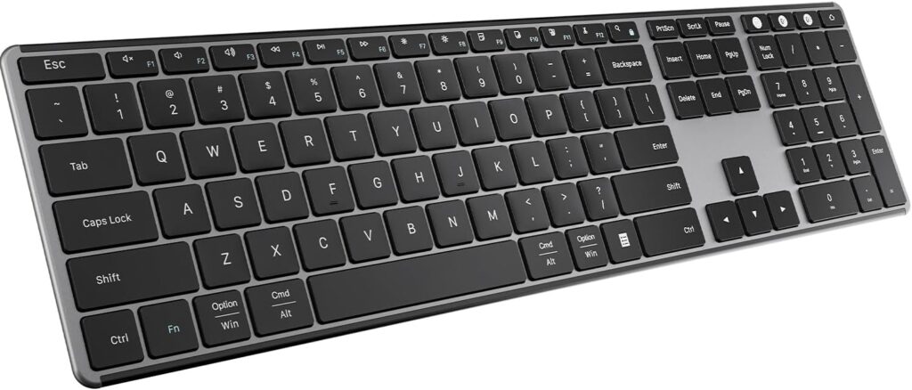 AUSDOM 2.4G Wireless Bluetooth Keyboard Full Size, Quiet Slim Multi-Device Rechargeable Cordless QWERTY Keyboard with Number Pad, Low Profile Silent Flat Universal Keyboards for Computer/Mac/Windows