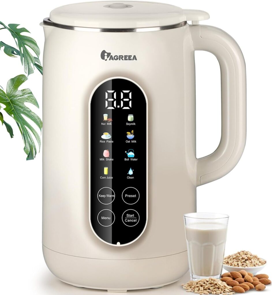 IAGREEA 35oz Nut Milk Maker Machine Stainless Steel Lid BPA Free, 8in1 Soy Milk Maker for Homemade Milkshake/Nut/Oat, 10 Blades Electric Blender with Delay Start/Boil Water/Self Cleaning, Easy of Use
