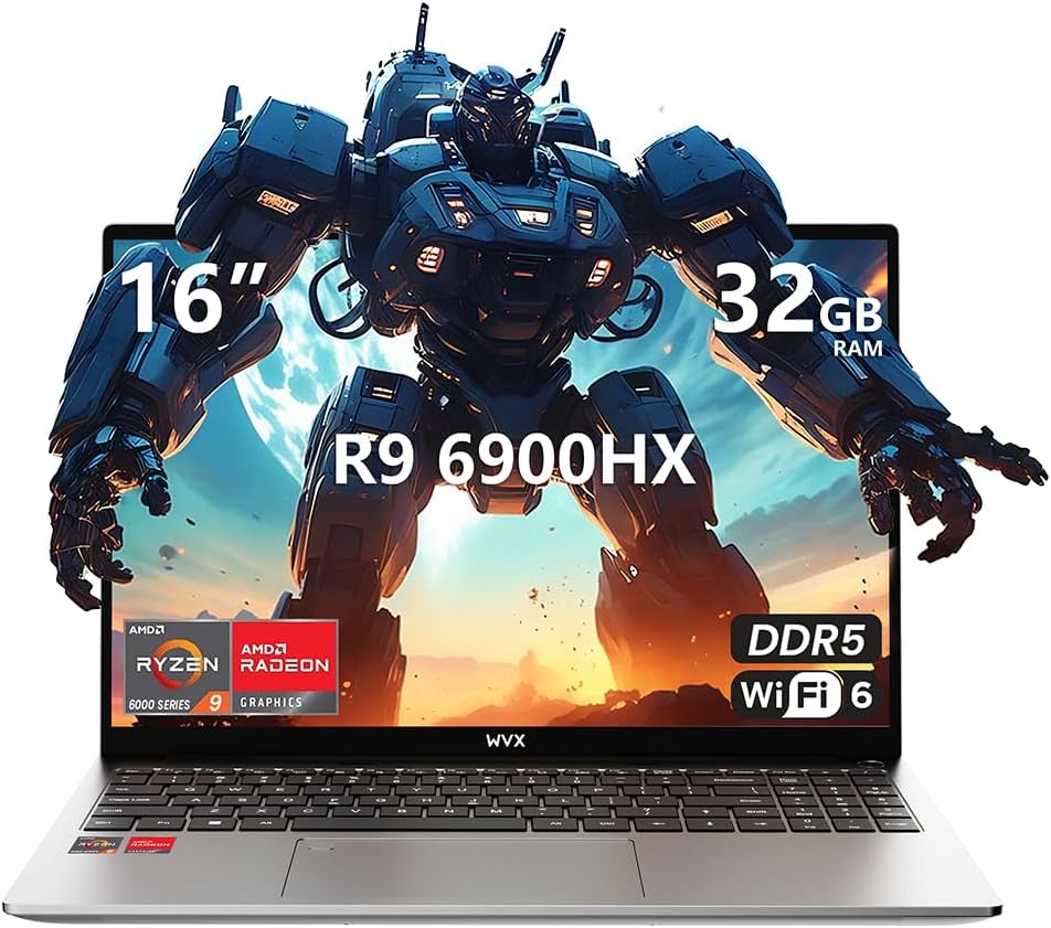 Gaming Laptop AMD Ryzen 9 6900HX (32GB RAM)(4.9Ghz,8C16T) Graphics AMD Radeon 680M (＞1050Ti) 16 Inch FHD Computer 512GB SSD WiFi 6 Bluetooth 5.2 DDR5 58Wh Battery