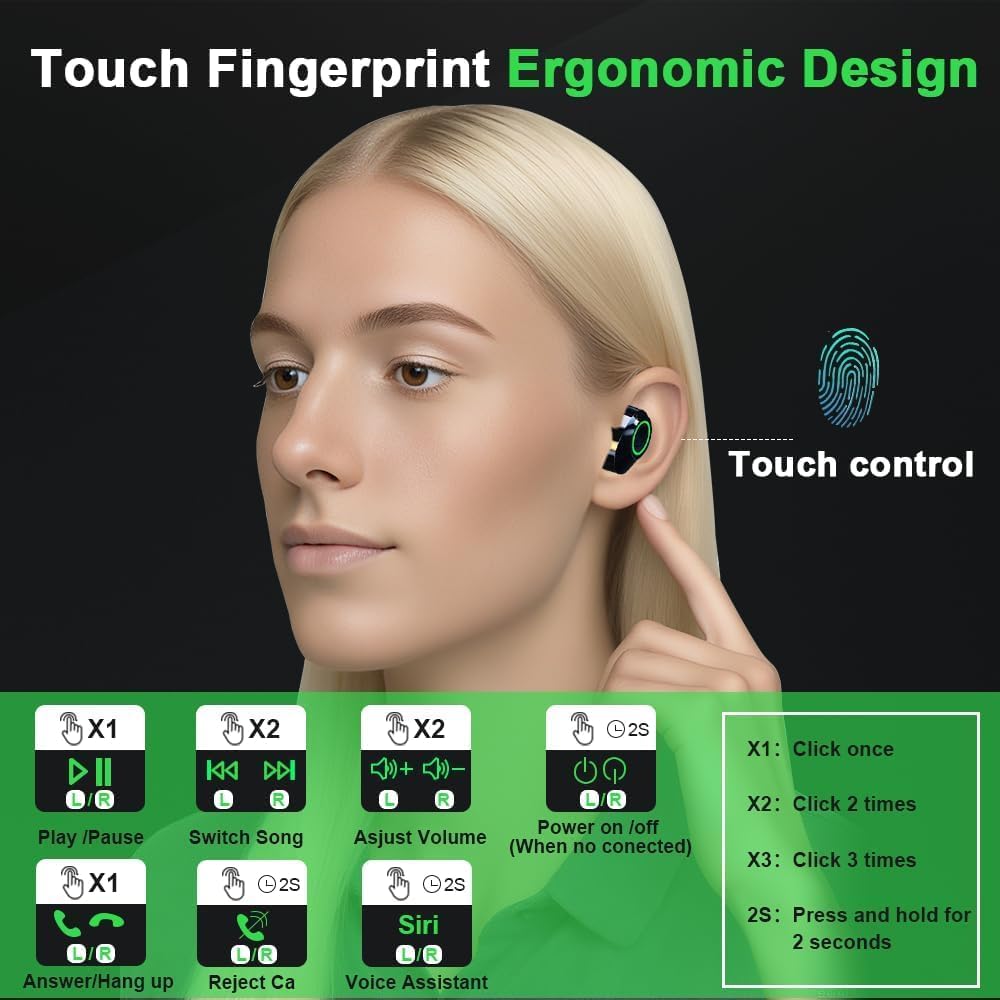 Wireless Earbuds,Wireless Heasphone, Bluetooth 5.4 Mini Earphone Headphones IPX7 Waterproof,20 Hours Playing Time,Touch Control HiFi Digital LED Display Charging Case for Smart Phone