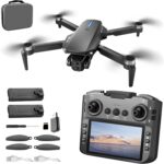 E88 GT Drone with 4.92-Inch Screen Controller,Brushless Motor, Optical Flow Localization, Active Obstacle Avoidance, 2 batteries. (Black-2 batteries)