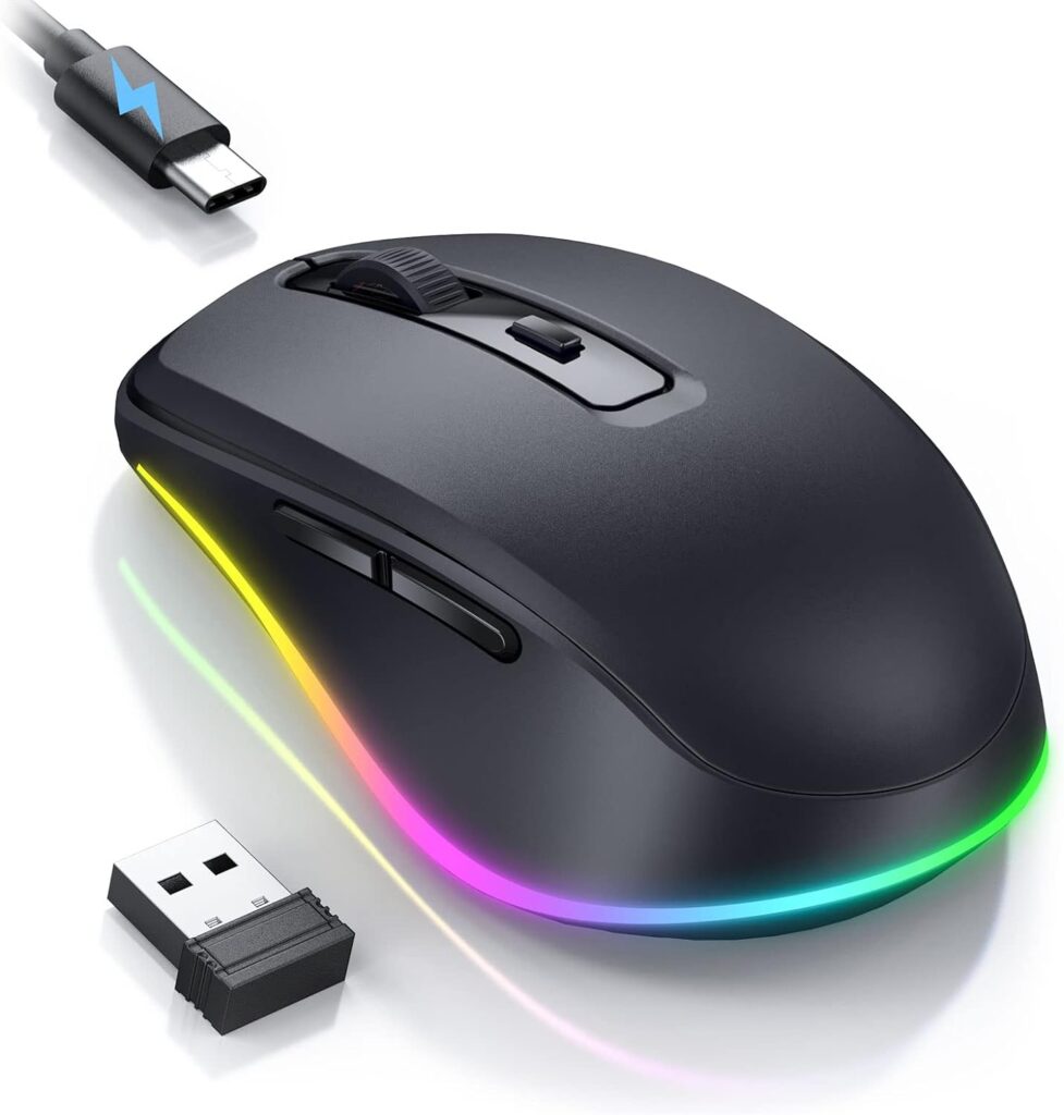 PEIOUS Wireless Mouse Jiggler – LED Wireless Mice with Build-in Jiggler Mover, Rechargeable Moving Mouse for Computer with Undetectable Random Movement Keeps PC Laptop Awake – Black